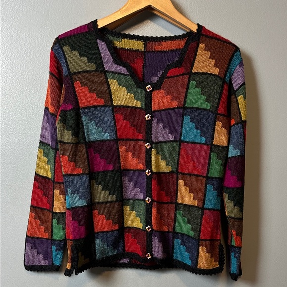 Sweaters - Colorful Geometric Pattern Sweater buttons long sleeve sweetheart neckline L